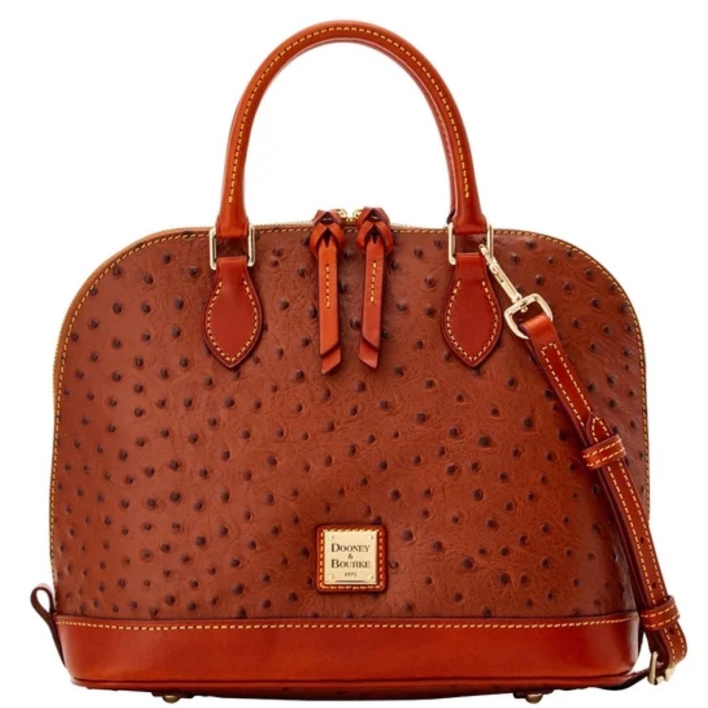 Dooney & Bourke brown ostrich leather zip zip satchel crossbody bag